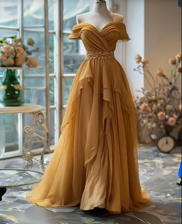 Niulatu A-line Off-shoulder Chiffon Long Prom Dress Formal Evening Gown HZ1026
